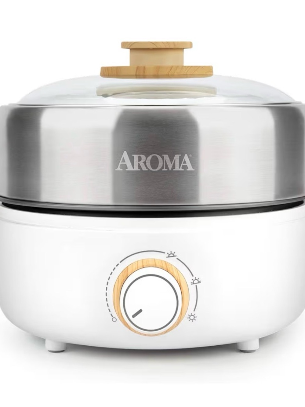 Aroma White and Stainless Steel Multi-Function Electric Cooker with Wood Accent